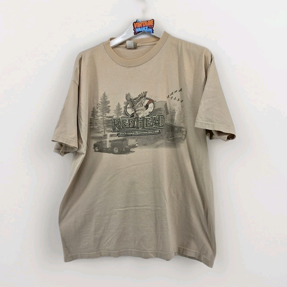 Vintage RedHead Graphic T-Shirt Mens Large Tan Hunting Duck Truck Made in USA